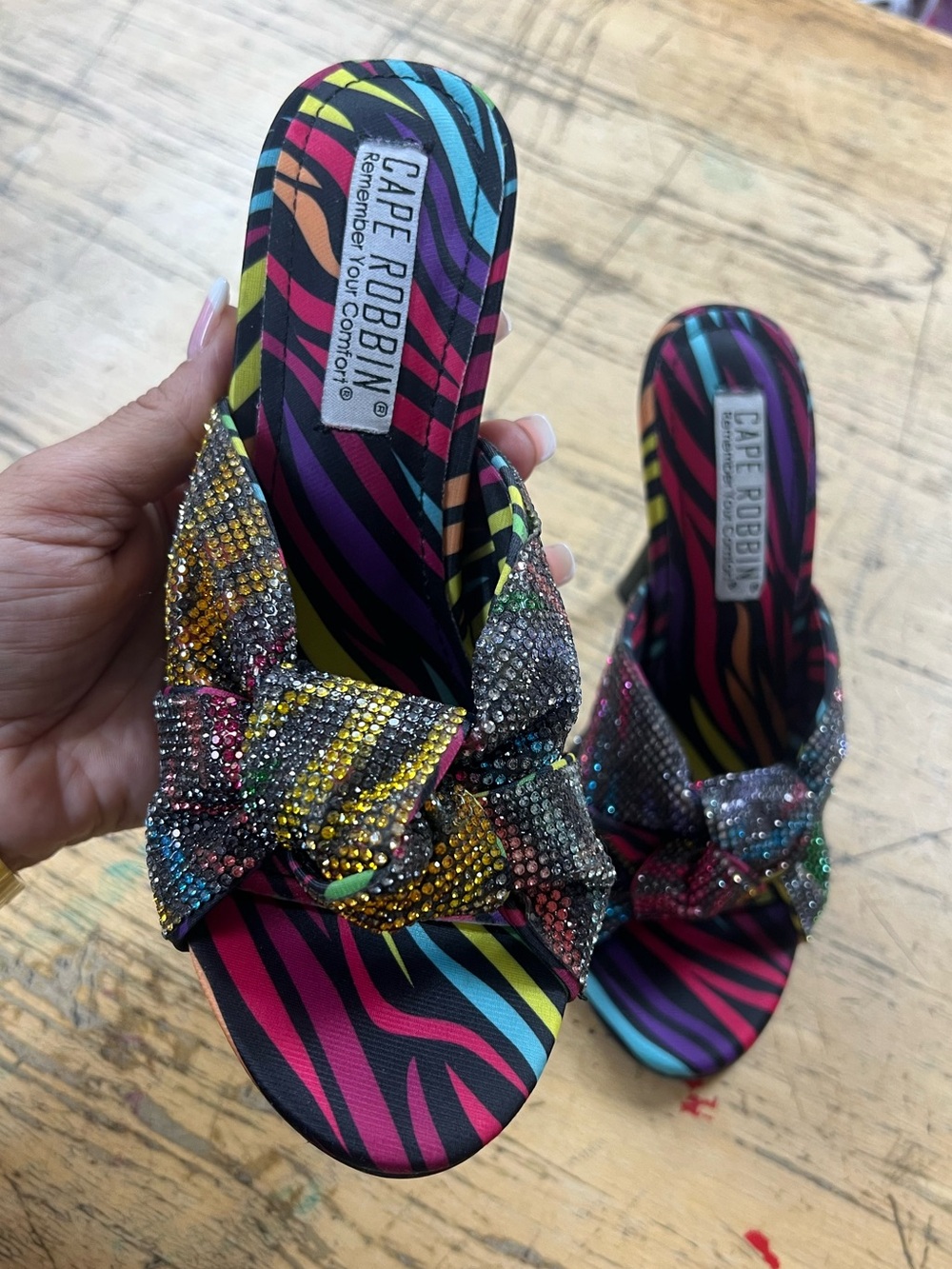Cape Robbin Rainbow Zebra Slide Sandals with Rhinestone Bow
